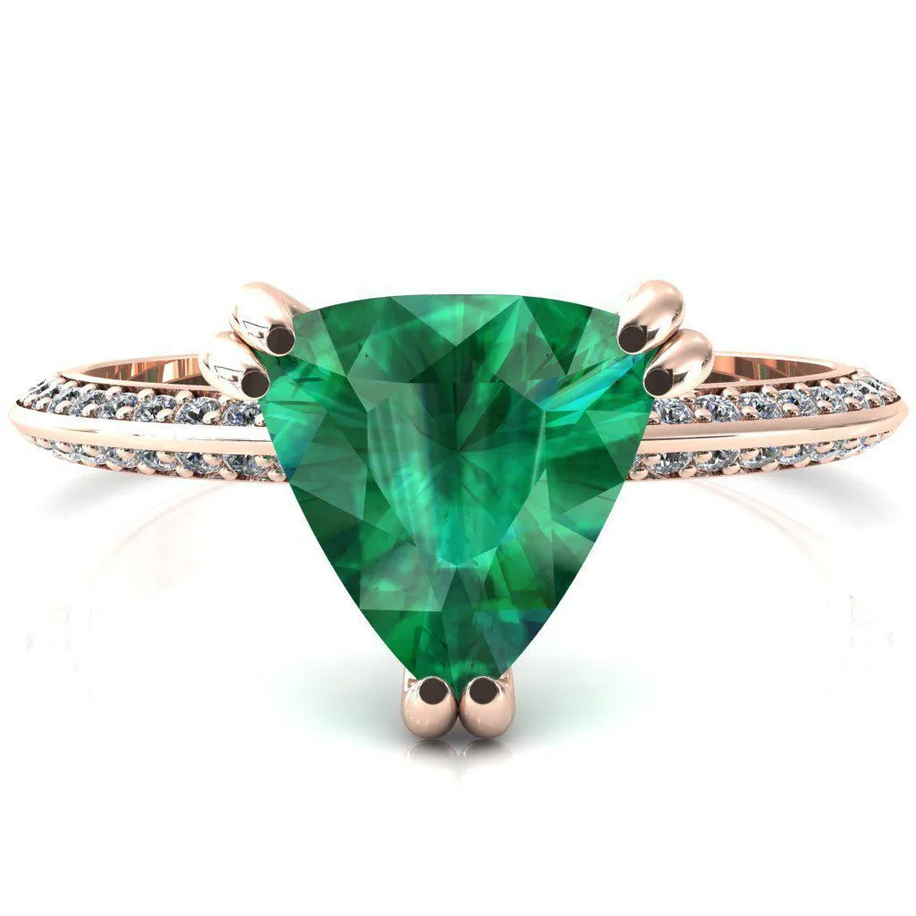Nancy Trillion Emerald 3 Double Prong 1/2 Eternity Diamond Knife Shank Accent Engagement Ring