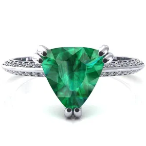 Nancy Trillion Emerald 3 Double Prong 1/2 Eternity Diamond Knife Shank Accent Engagement Ring
