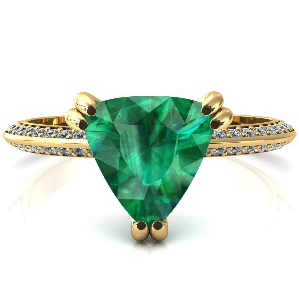 Nancy Trillion Emerald 3 Double Prong 1/2 Eternity Diamond Knife Shank Accent Engagement Ring
