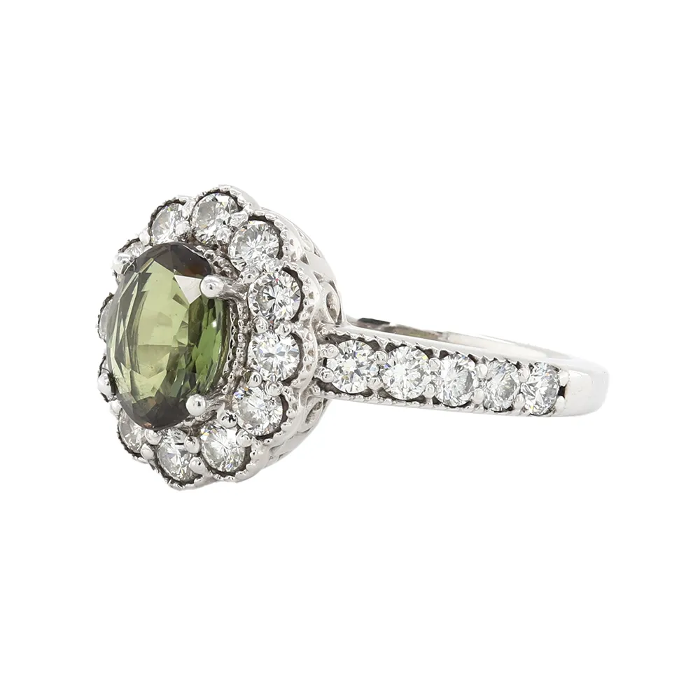 Natural Alexandrite Ring With Diamond Halo And Accent Diamonds In 14Kt White Gold Milgrain