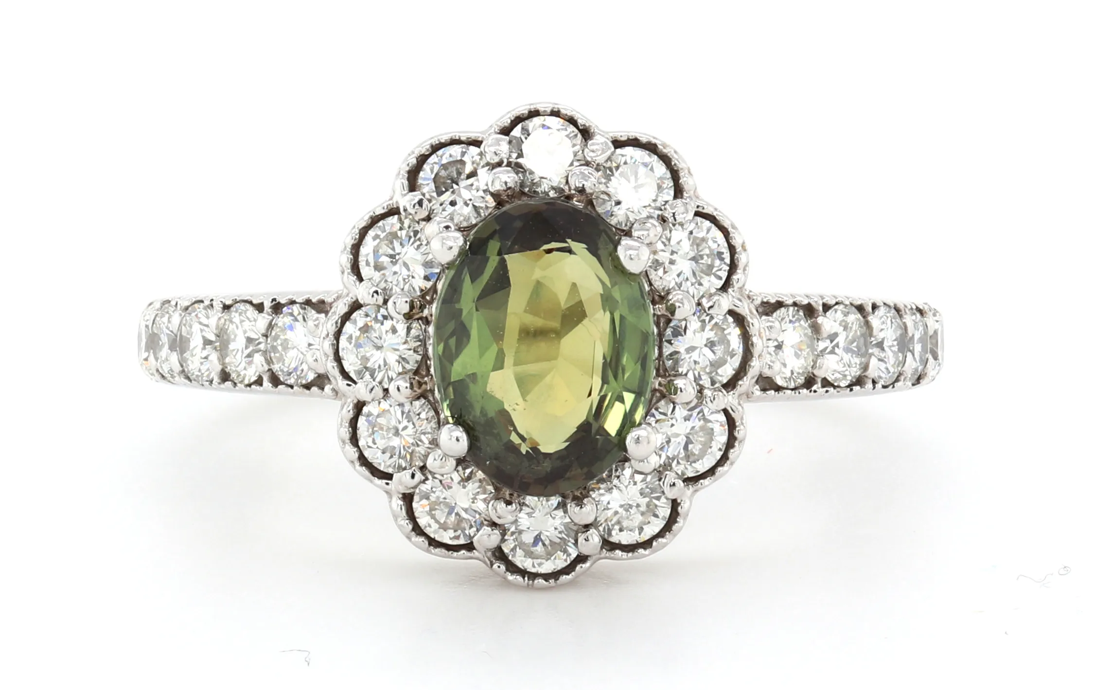 Natural Alexandrite Ring With Diamond Halo And Accent Diamonds In 14Kt White Gold Milgrain