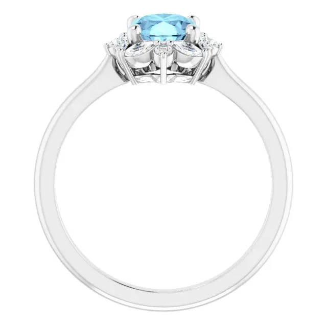 Natural Aqua Marine & Marquise with Round Diamond Halo Ring