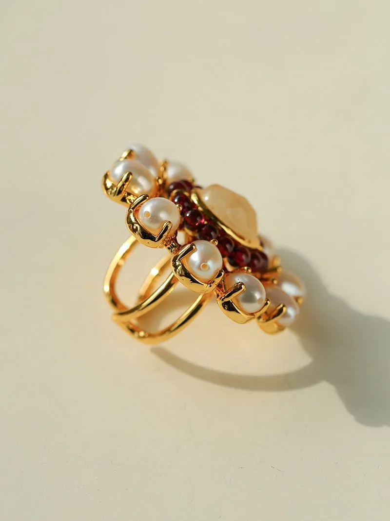 Natural Baroque Pearl Red Garnet Inlaid Open Ring