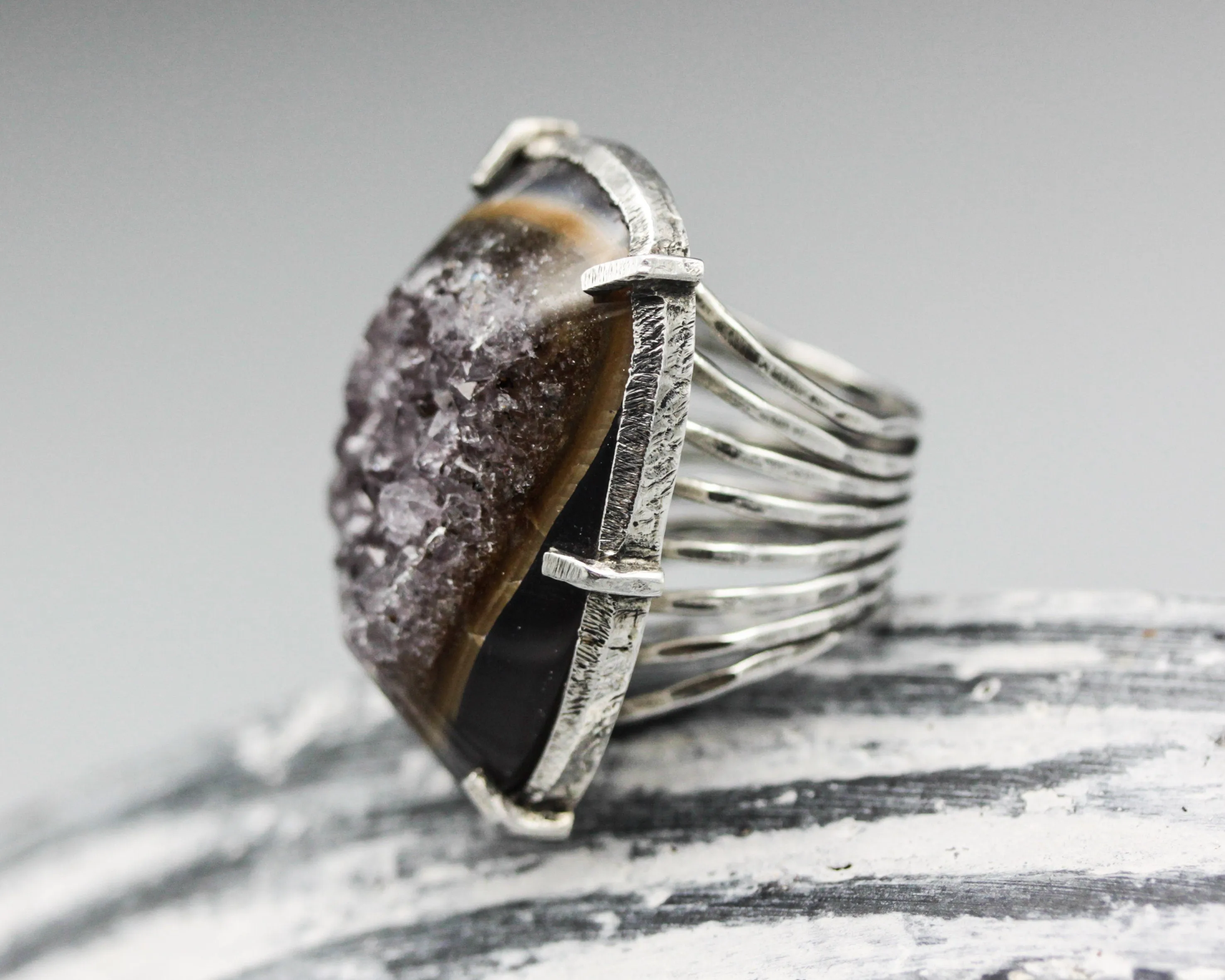 Natural brown Druzy quartz ring in silver bezel and prongs setting with sterling silver skeleton band
