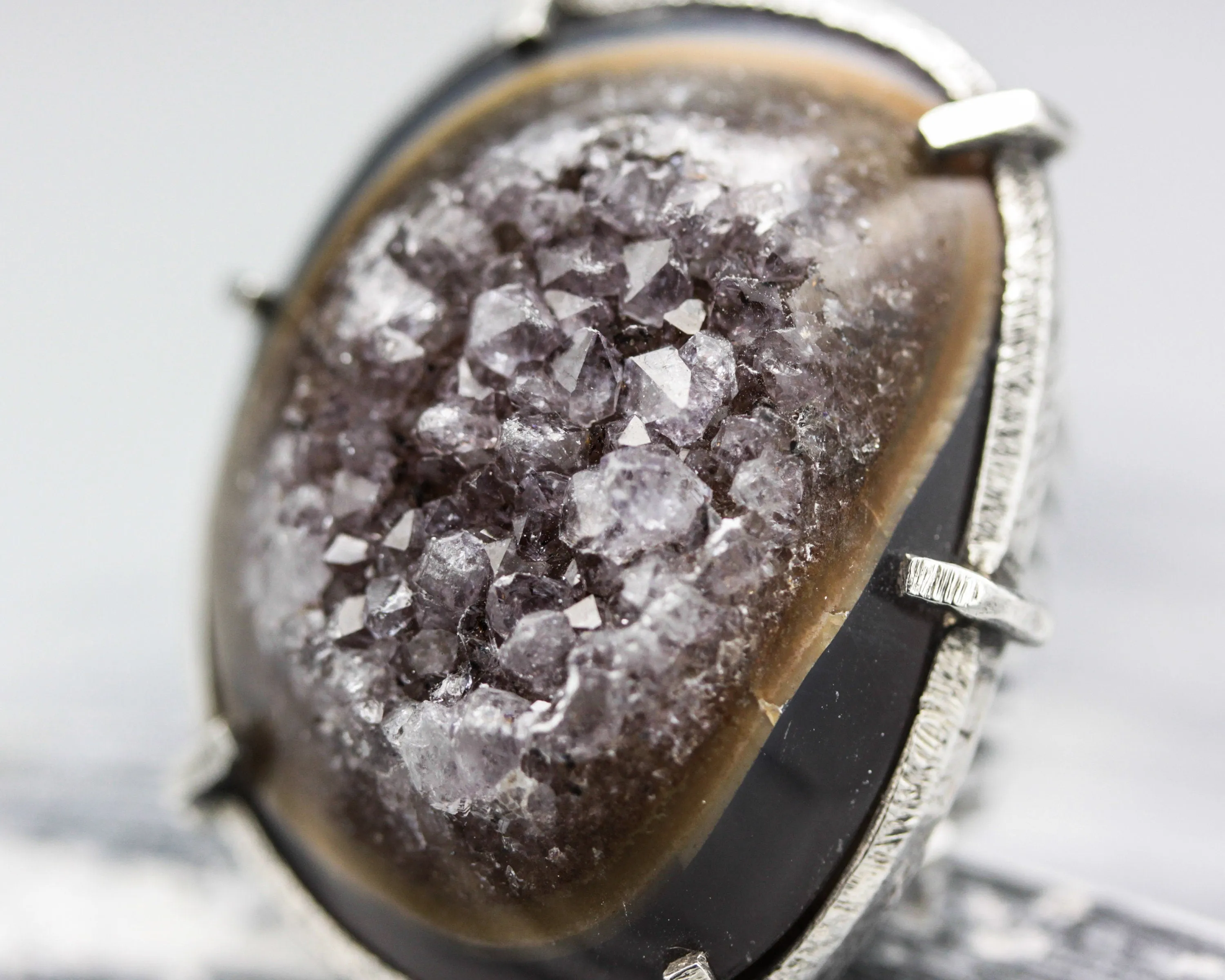 Natural brown Druzy quartz ring in silver bezel and prongs setting with sterling silver skeleton band