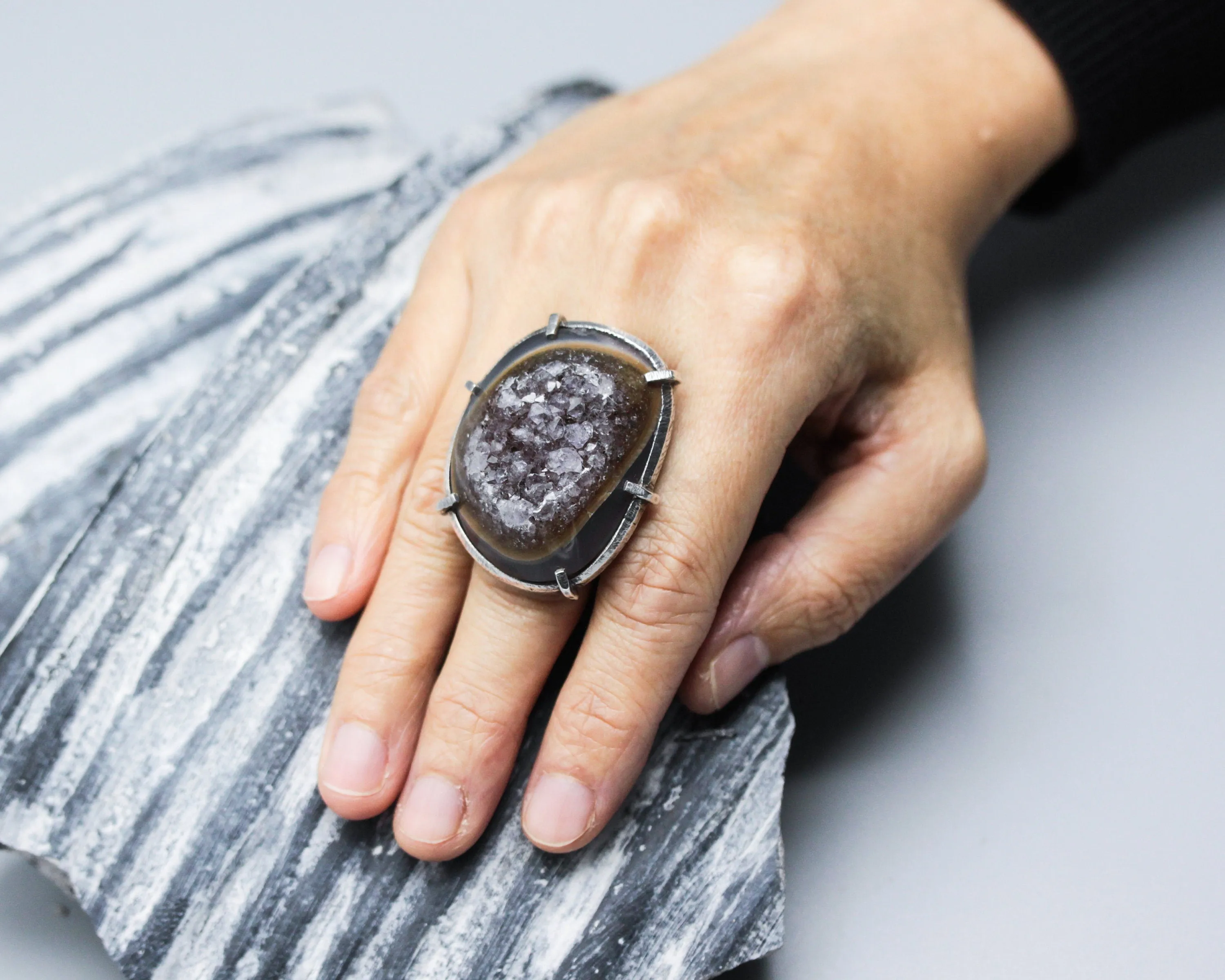 Natural brown Druzy quartz ring in silver bezel and prongs setting with sterling silver skeleton band