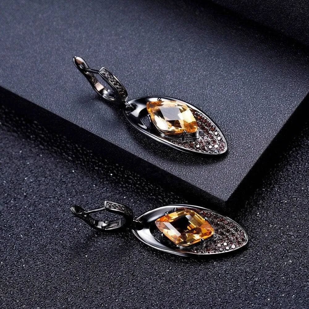 Natural Citrine Gemstone Gothic Drop Earrings