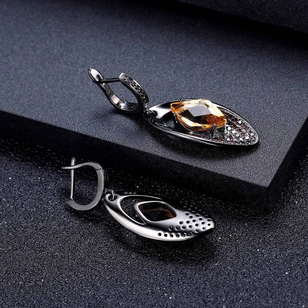 Natural Citrine Gemstone Gothic Drop Earrings