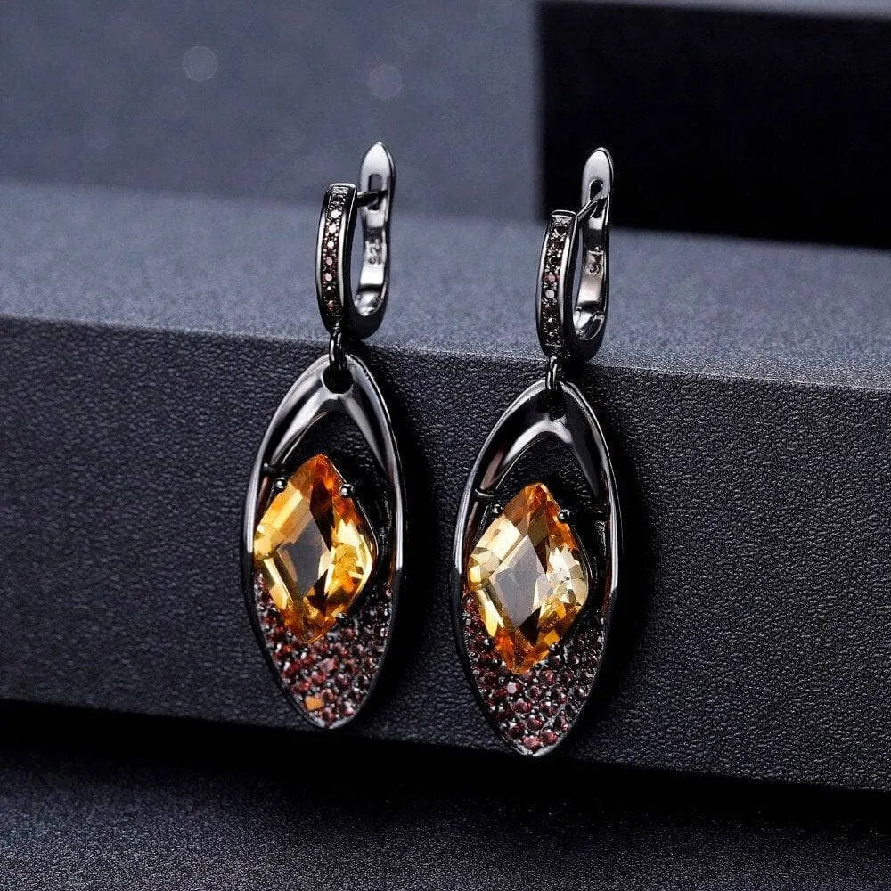 Natural Citrine Gemstone Gothic Drop Earrings