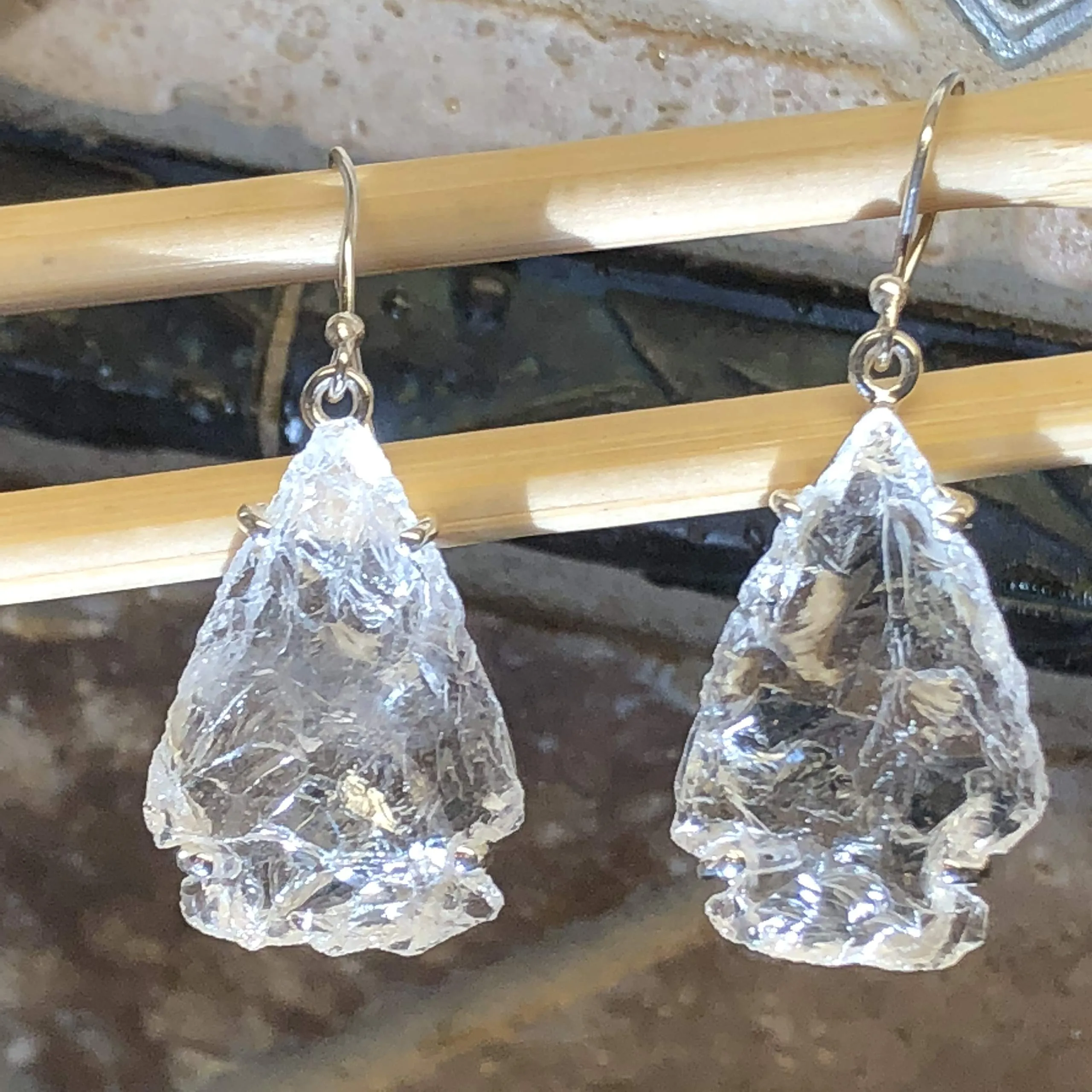 Natural Lemurian Crystal Quartz 925 Solid Sterling Silver Earrings 45mm