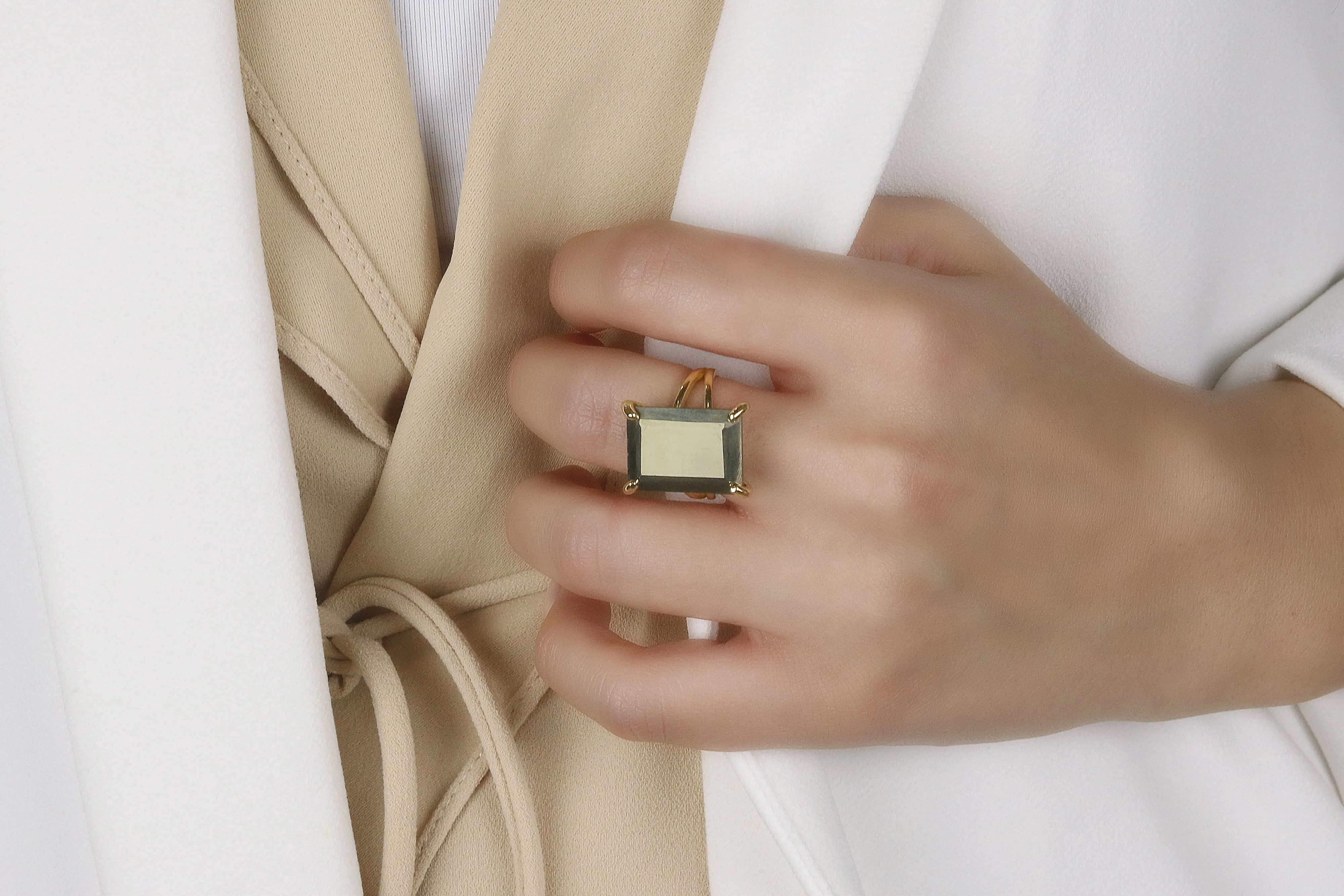 Natural Pyrite Gemstone Rectangle Ring