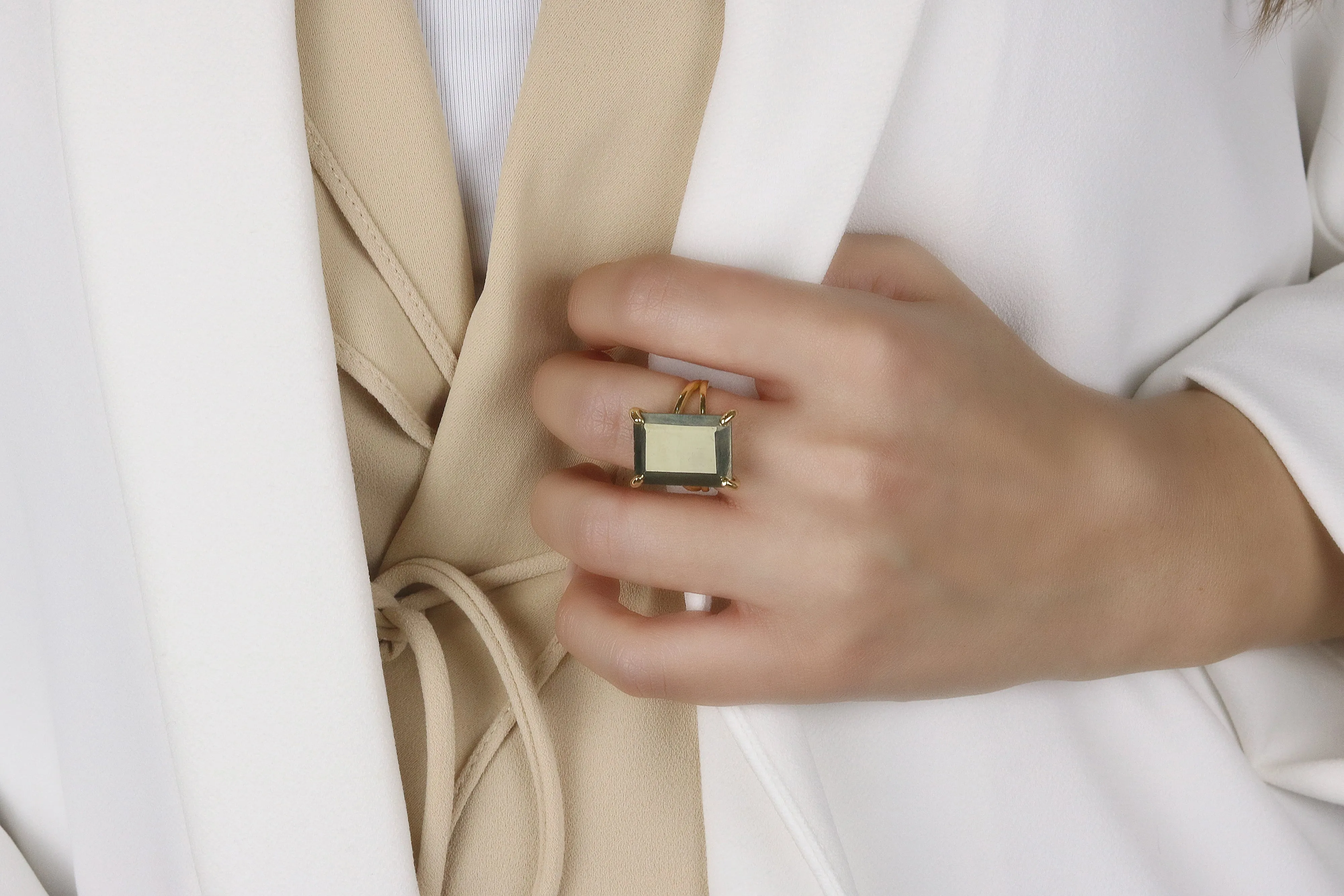 Natural Pyrite Gemstone Rectangle Ring