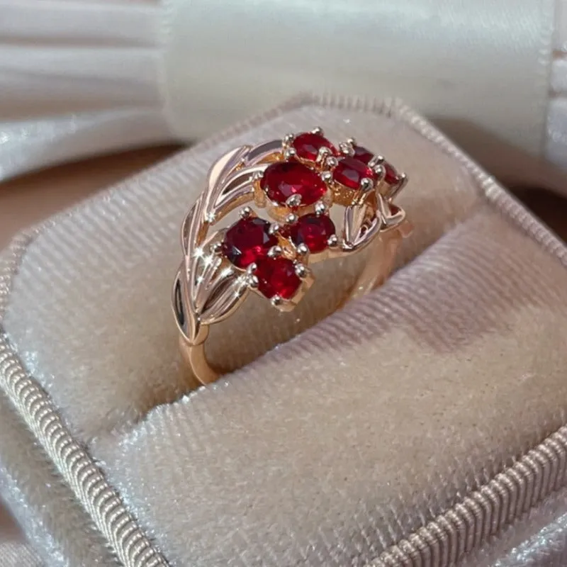 Natural Red Ruby Gemstone Ring Women Rose Gold Wedding Jewelry