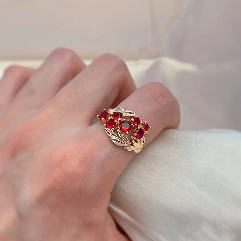 Natural Red Ruby Gemstone Ring Women Rose Gold Wedding Jewelry