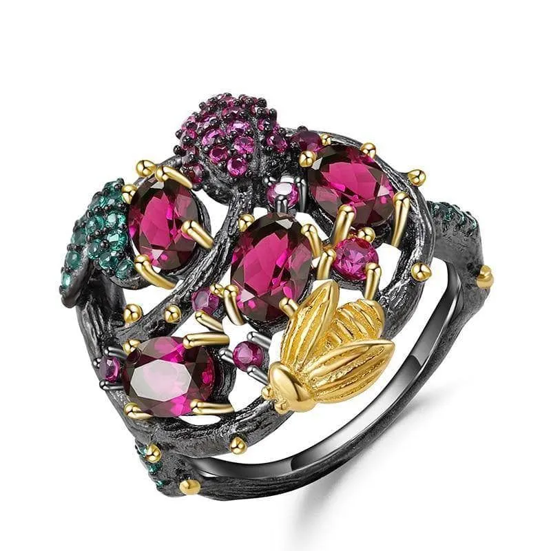 Natural Rhodolite Garnet Gemstone Gold Bee on Branch Rings