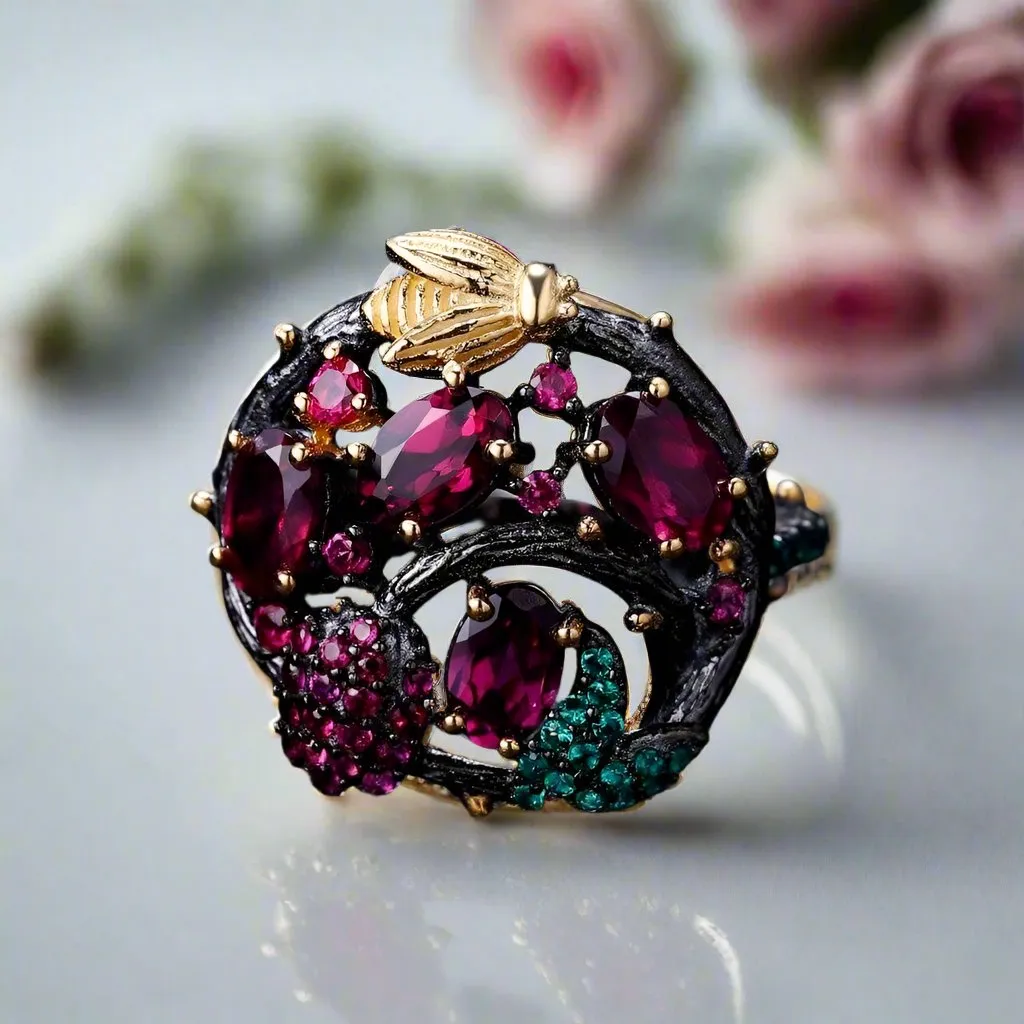 Natural Rhodolite Garnet Gemstone Gold Bee on Branch Rings