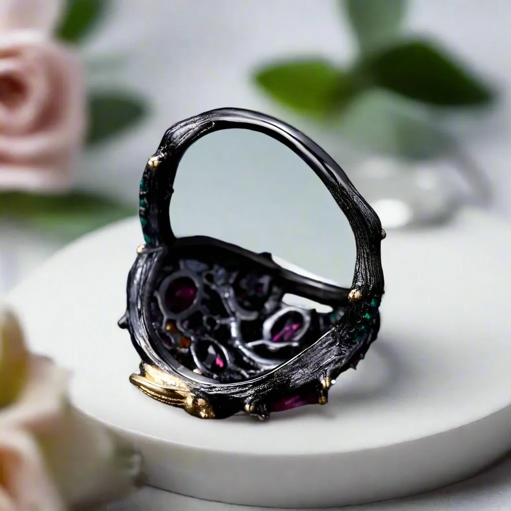 Natural Rhodolite Garnet Gemstone Gold Bee on Branch Rings