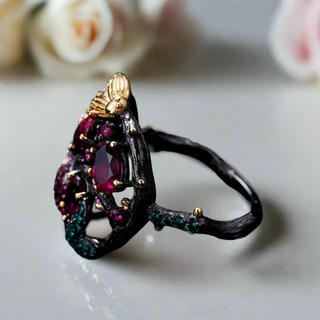 Natural Rhodolite Garnet Gemstone Gold Bee on Branch Rings