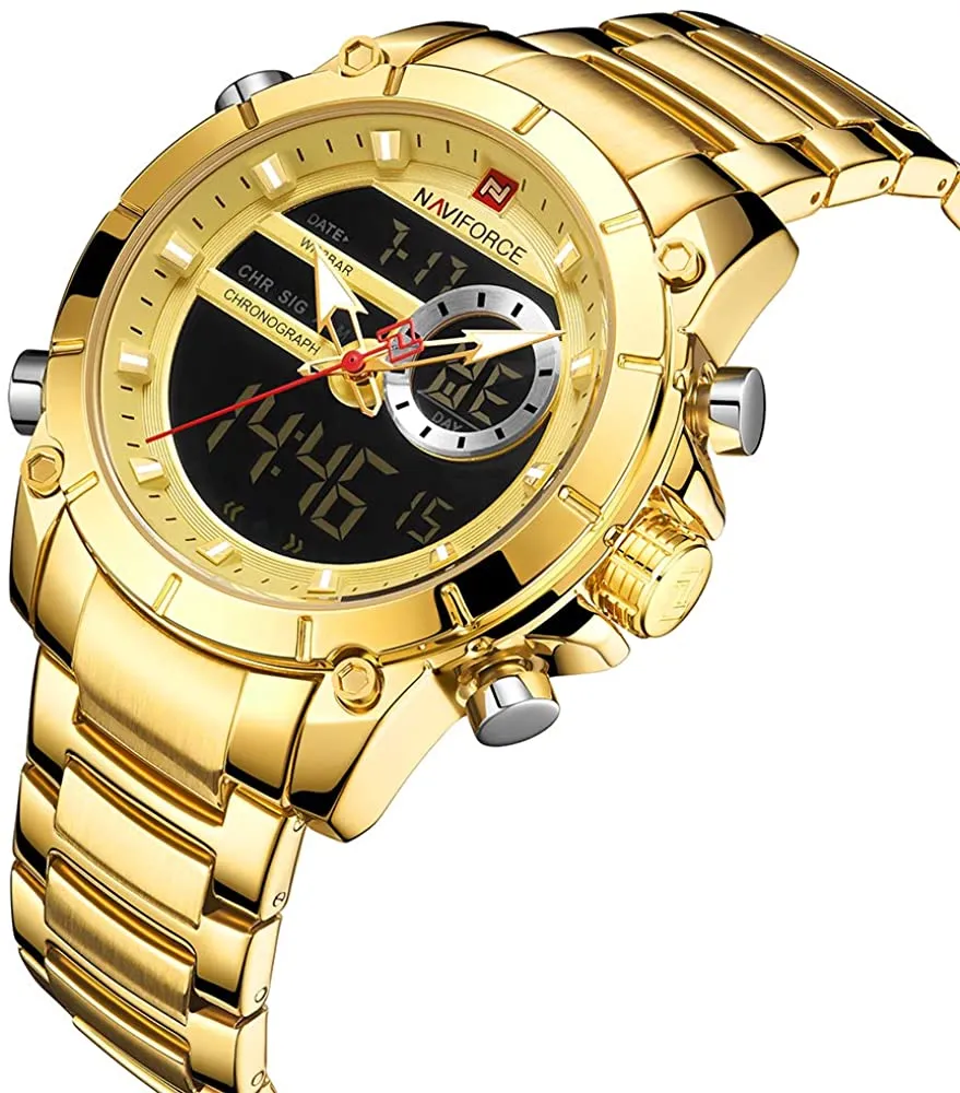 NAVIFORCE Digital Watch Men Luxury Stainless Steel Waterproof Sport Analog Quartz Watches Chronograph Multifunctional Business Wristwatch