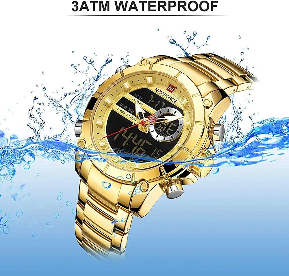 NAVIFORCE Digital Watch Men Luxury Stainless Steel Waterproof Sport Analog Quartz Watches Chronograph Multifunctional Business Wristwatch