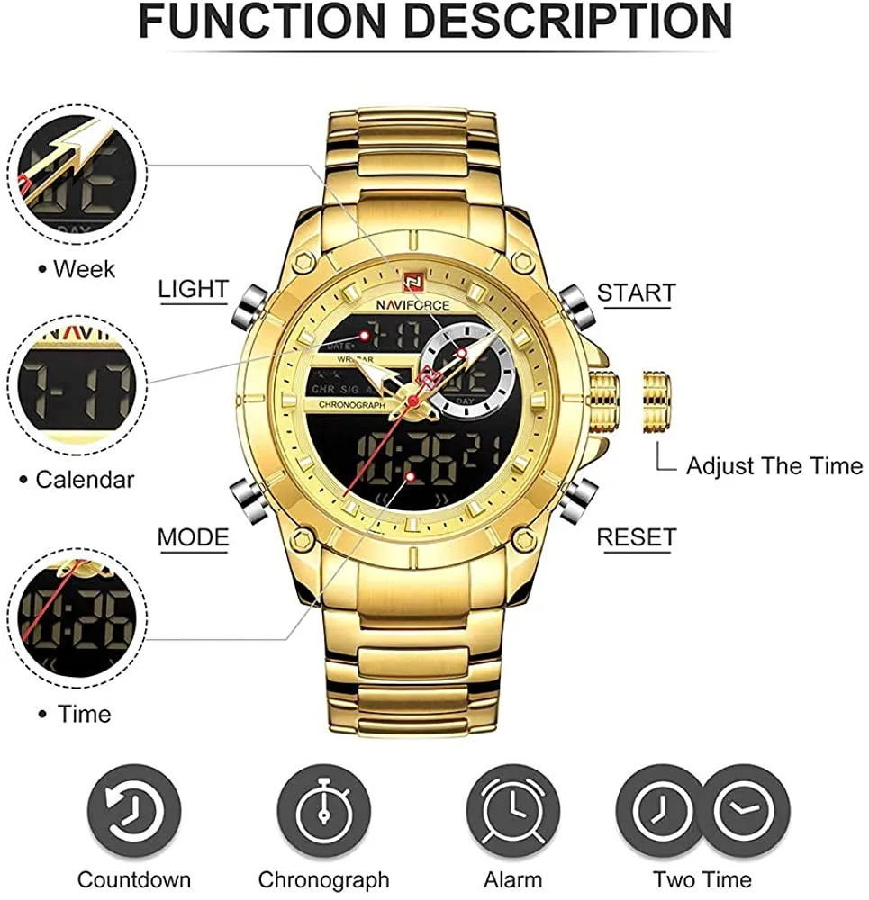 NAVIFORCE Digital Watch Men Luxury Stainless Steel Waterproof Sport Analog Quartz Watches Chronograph Multifunctional Business Wristwatch