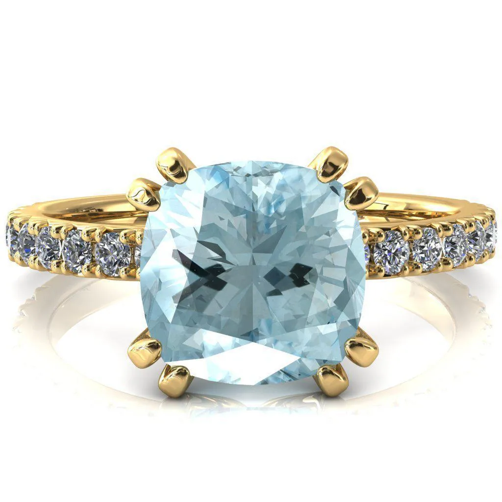 Nefili Cushion Aqua Blue Spinel 4 Double Prong 5/8 Eternity Diamond French Pave Engagement Ring