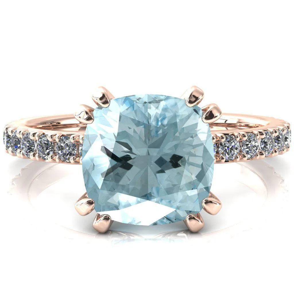 Nefili Cushion Aqua Blue Spinel 4 Double Prong 5/8 Eternity Diamond French Pave Engagement Ring