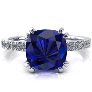 Nefili Cushion Blue Sapphire 4 Double Prong 5/8 Eternity Diamond French Pave Engagement Ring
