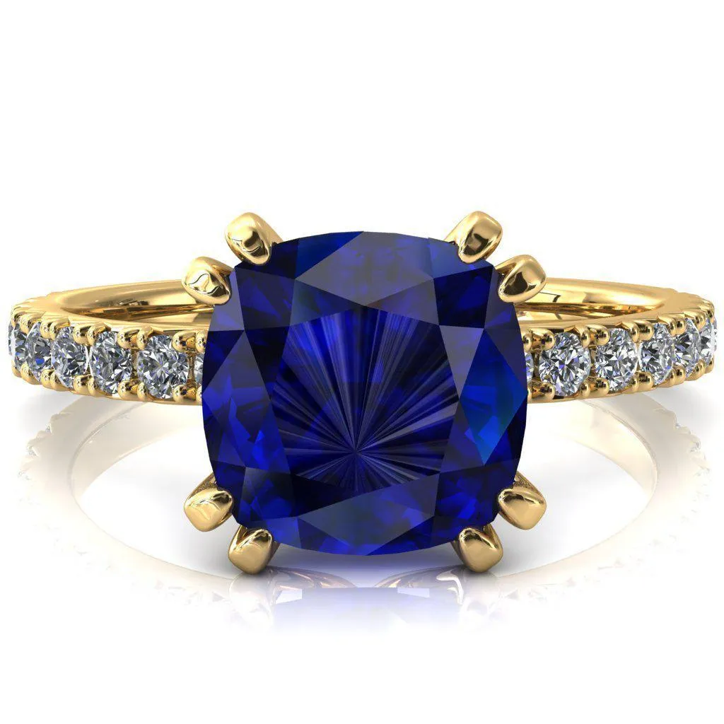Nefili Cushion Blue Sapphire 4 Double Prong 5/8 Eternity Diamond French Pave Engagement Ring