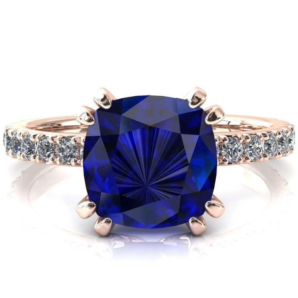 Nefili Cushion Blue Sapphire 4 Double Prong 5/8 Eternity Diamond French Pave Engagement Ring