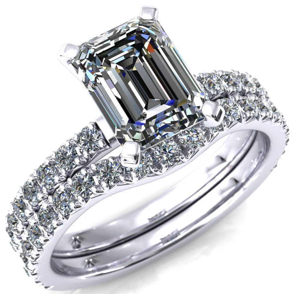 Nefili Emerald Center Stone 4 Prong 5/8 Eternity Diamond French Pave Engagement Ring