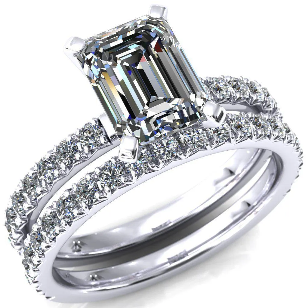 Nefili Emerald Center Stone 4 Prong 5/8 Eternity Diamond French Pave Engagement Ring
