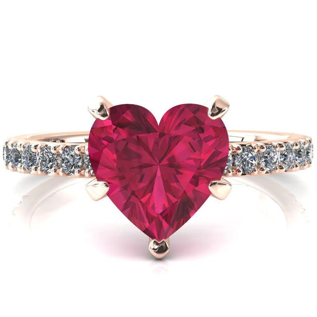 Nefili Heart Ruby 5 Prong 5/8 Eternity Diamond French Pave Engagement Ring