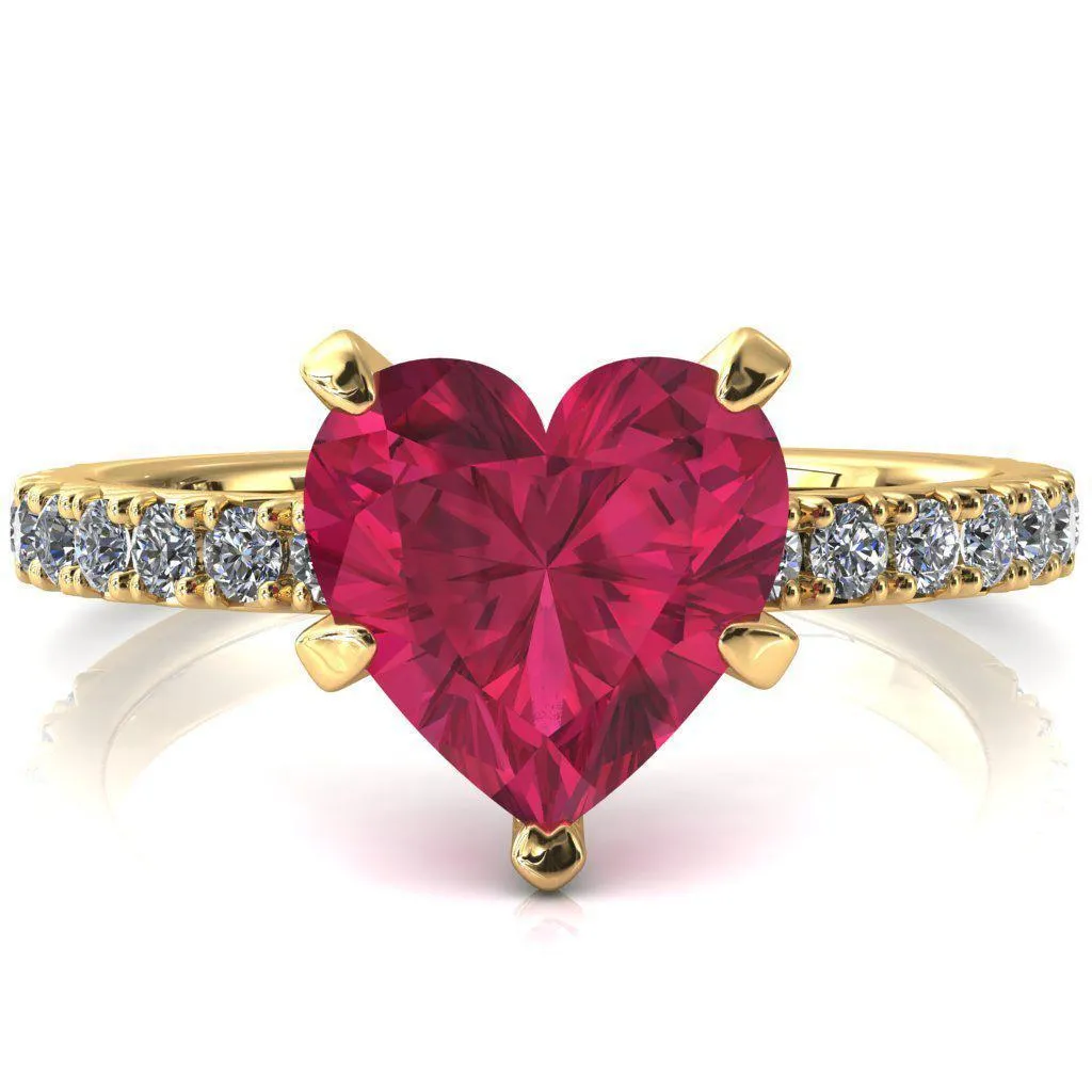 Nefili Heart Ruby 5 Prong 5/8 Eternity Diamond French Pave Engagement Ring