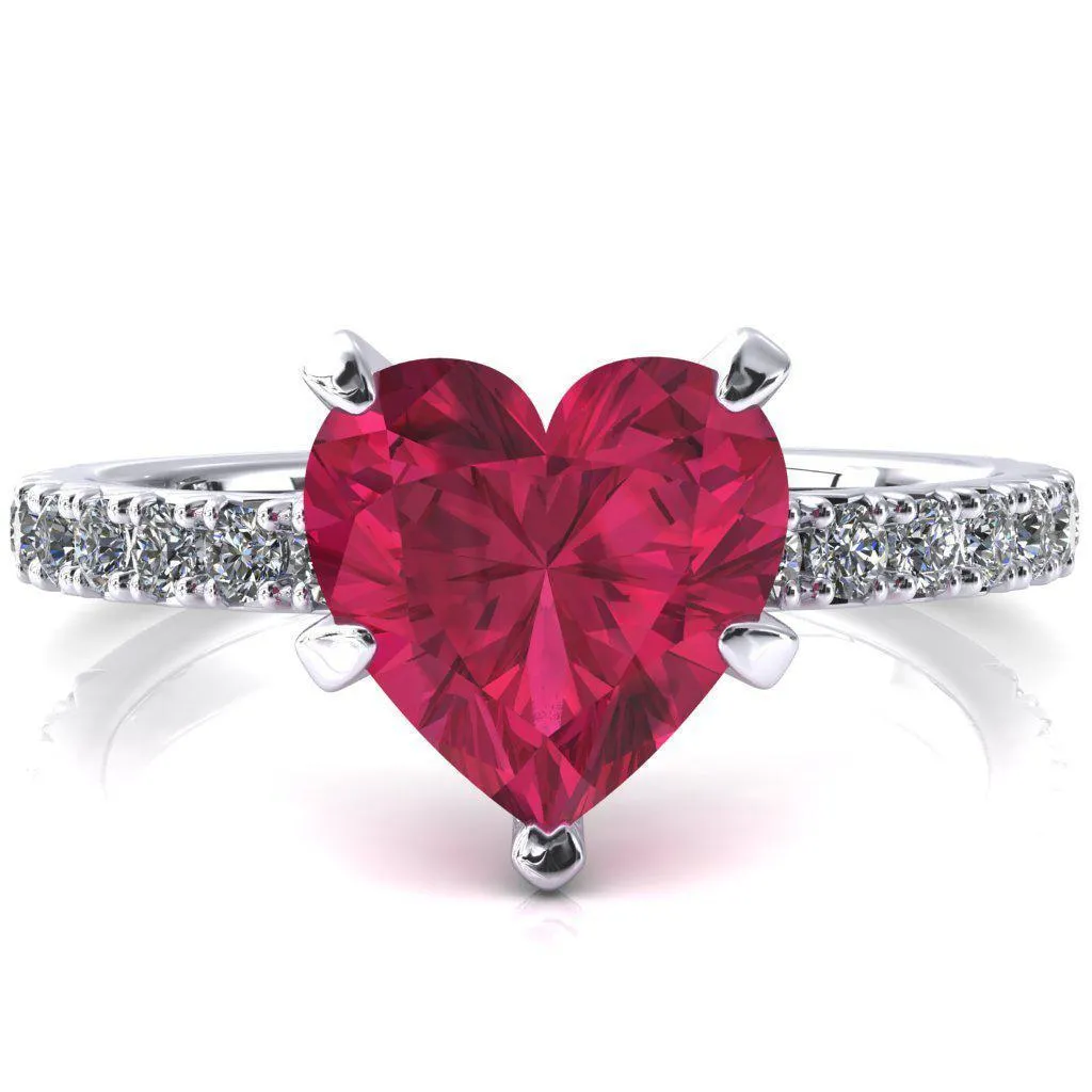 Nefili Heart Ruby 5 Prong 5/8 Eternity Diamond French Pave Engagement Ring