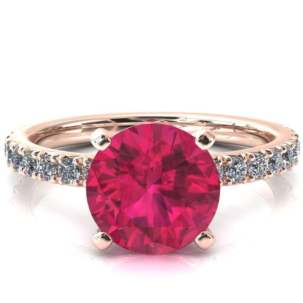 Nefili Round Ruby 4 Prong 5/8 Eternity Diamond French Pave Engagement Ring