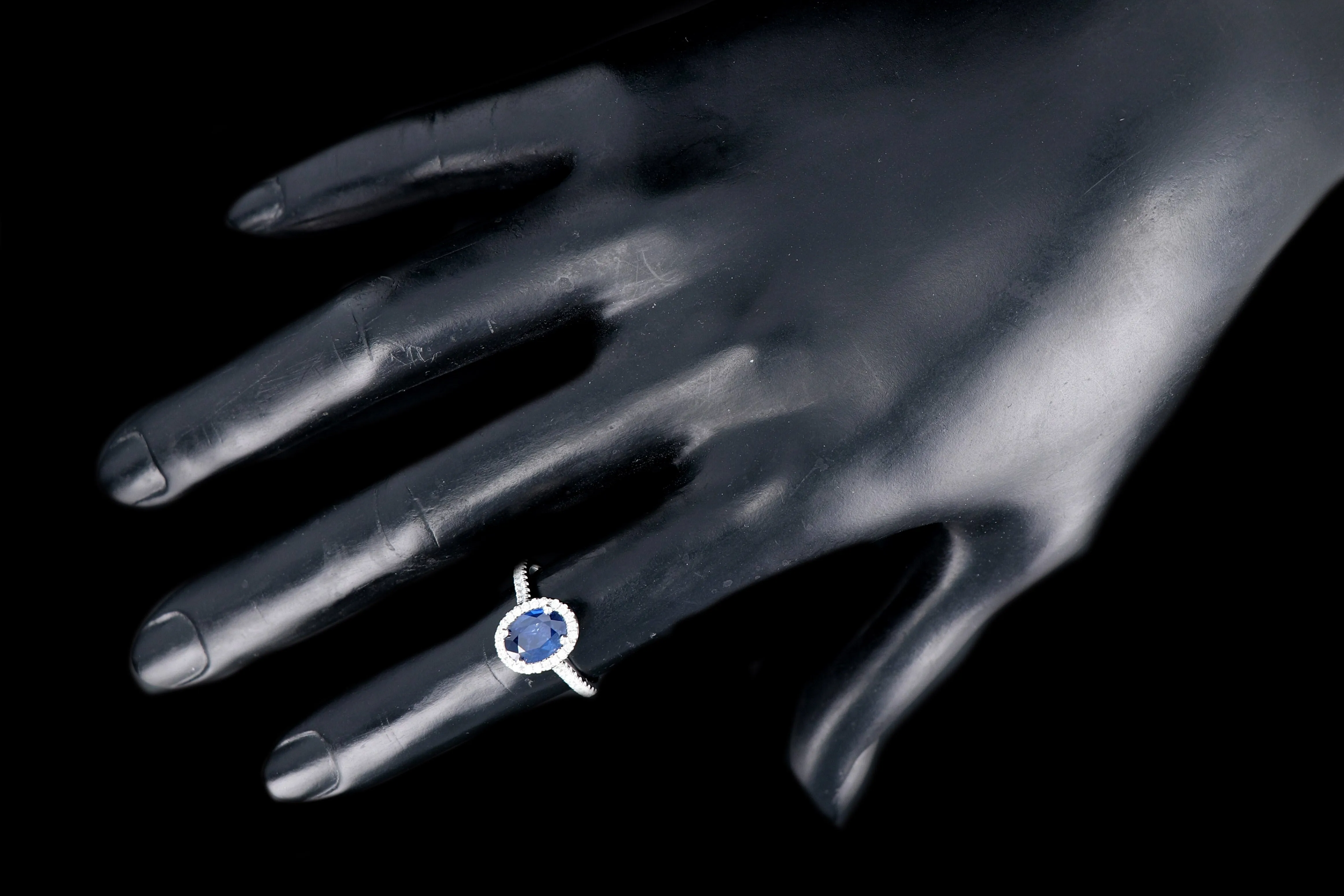 New 14K White Gold 1.58 Carat Oval Cut Sapphire and Diamond Halo Ring