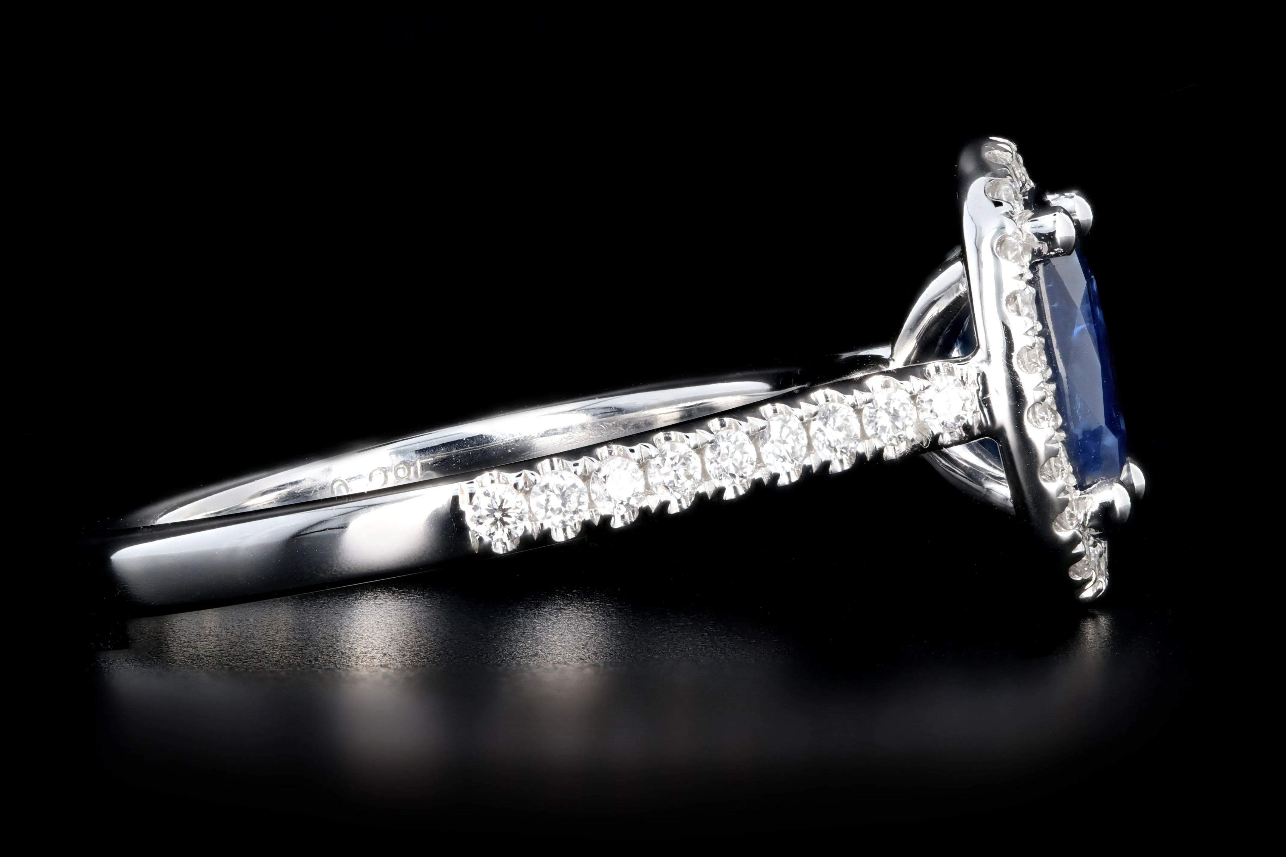 New 14K White Gold 1.58 Carat Oval Cut Sapphire and Diamond Halo Ring