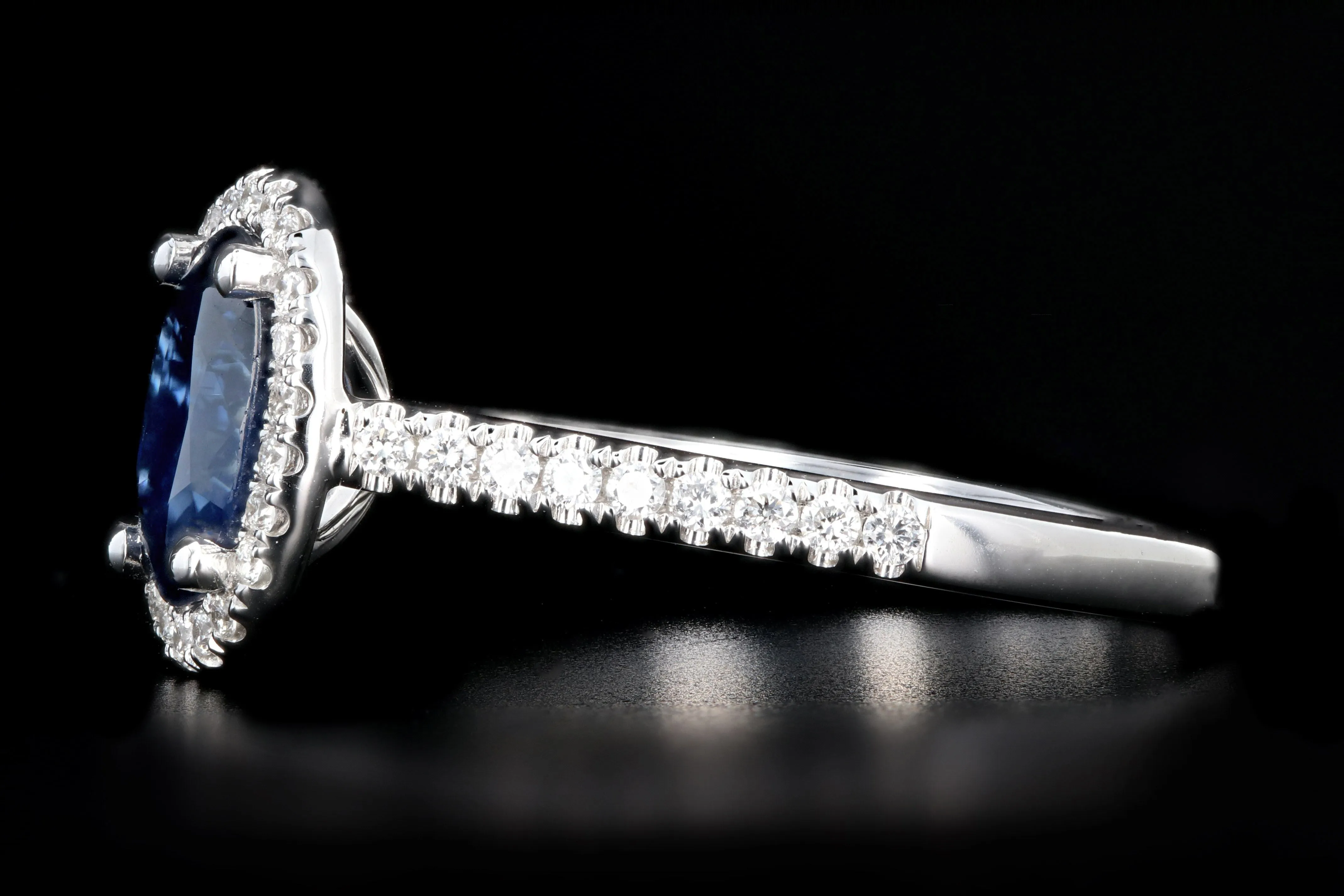 New 14K White Gold 1.58 Carat Oval Cut Sapphire and Diamond Halo Ring