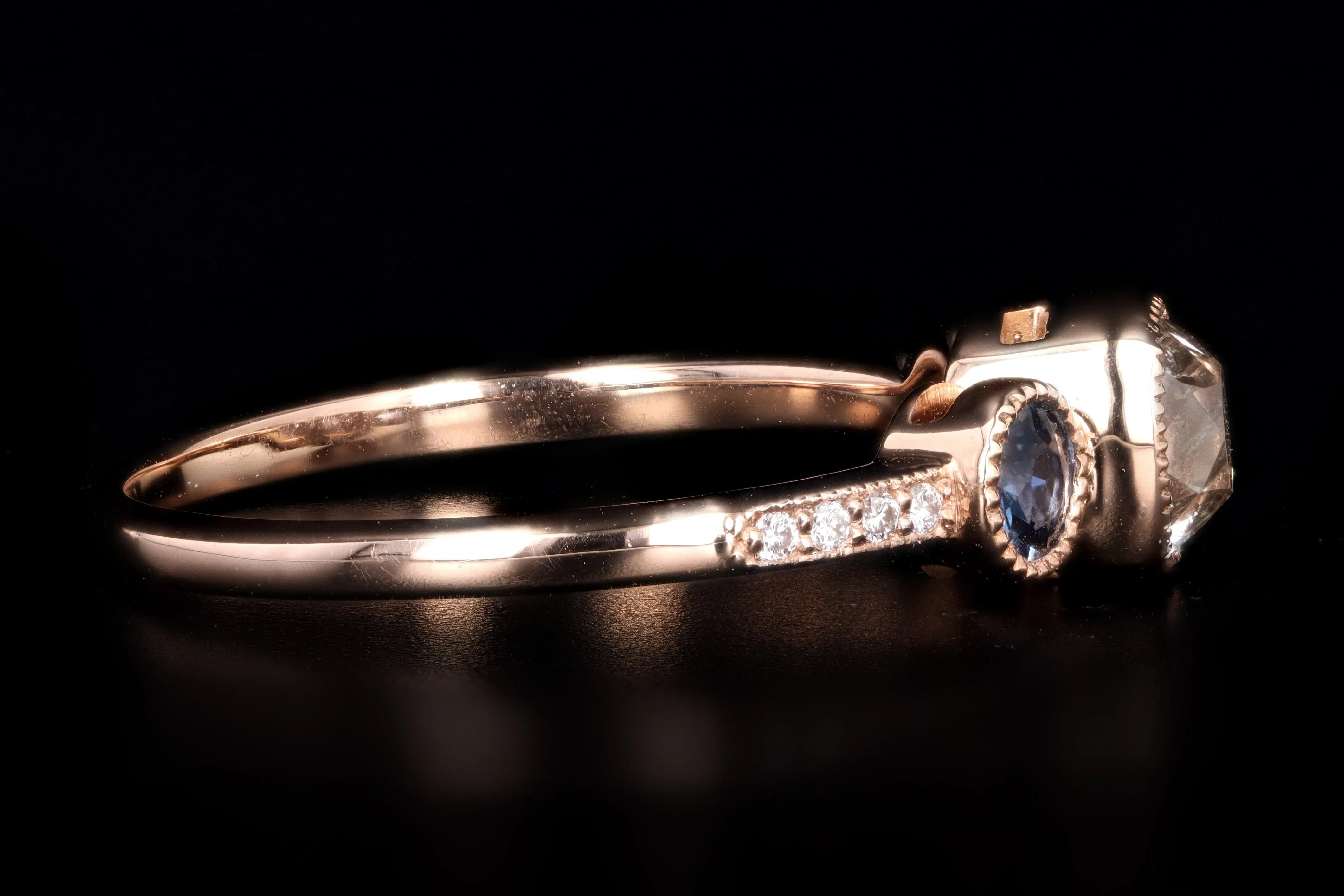 New 18K Rose Gold .81 Carat Old Mine Diamond & Yogo Gulch Sapphire Ring