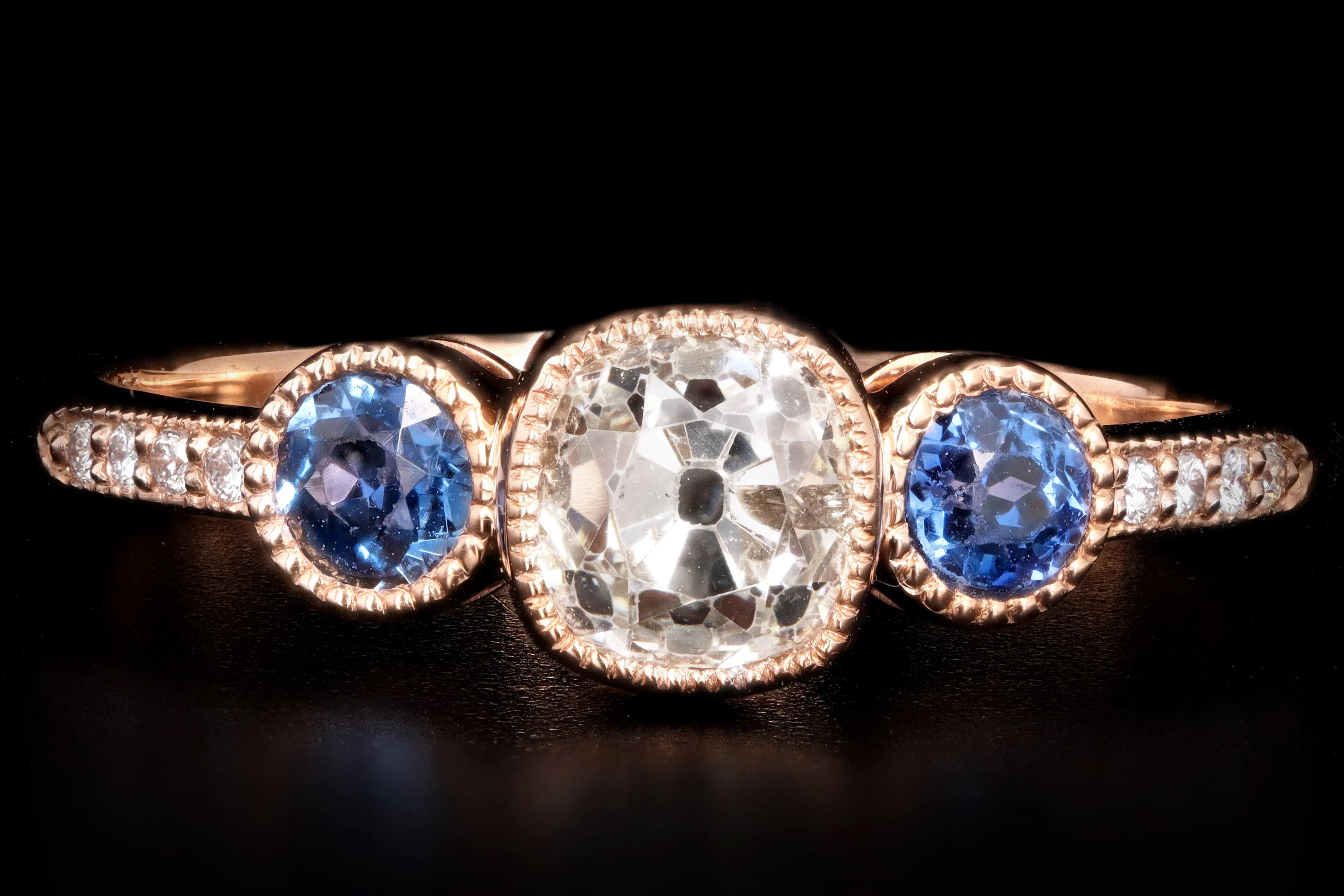 New 18K Rose Gold .81 Carat Old Mine Diamond & Yogo Gulch Sapphire Ring