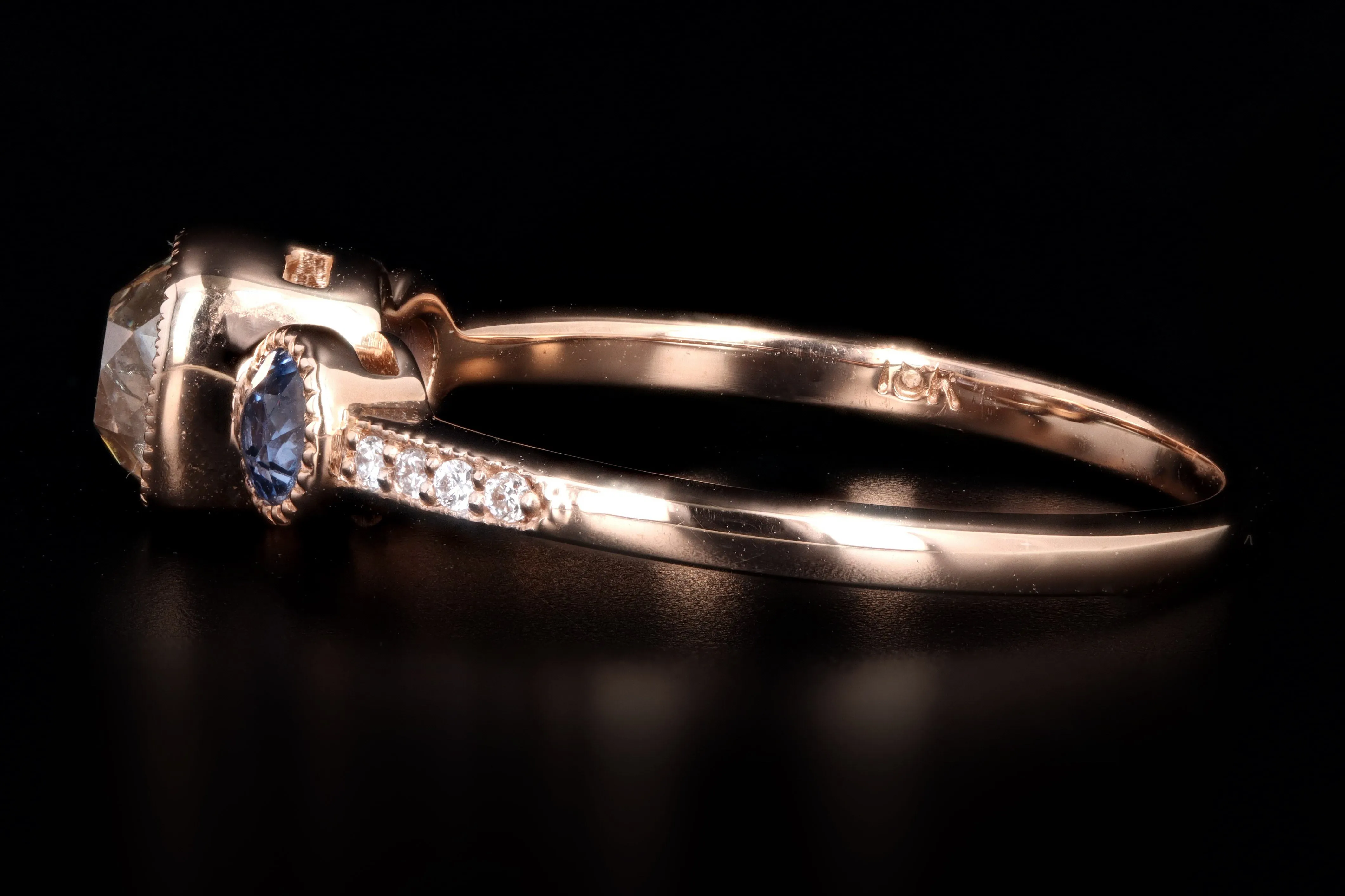 New 18K Rose Gold .81 Carat Old Mine Diamond & Yogo Gulch Sapphire Ring