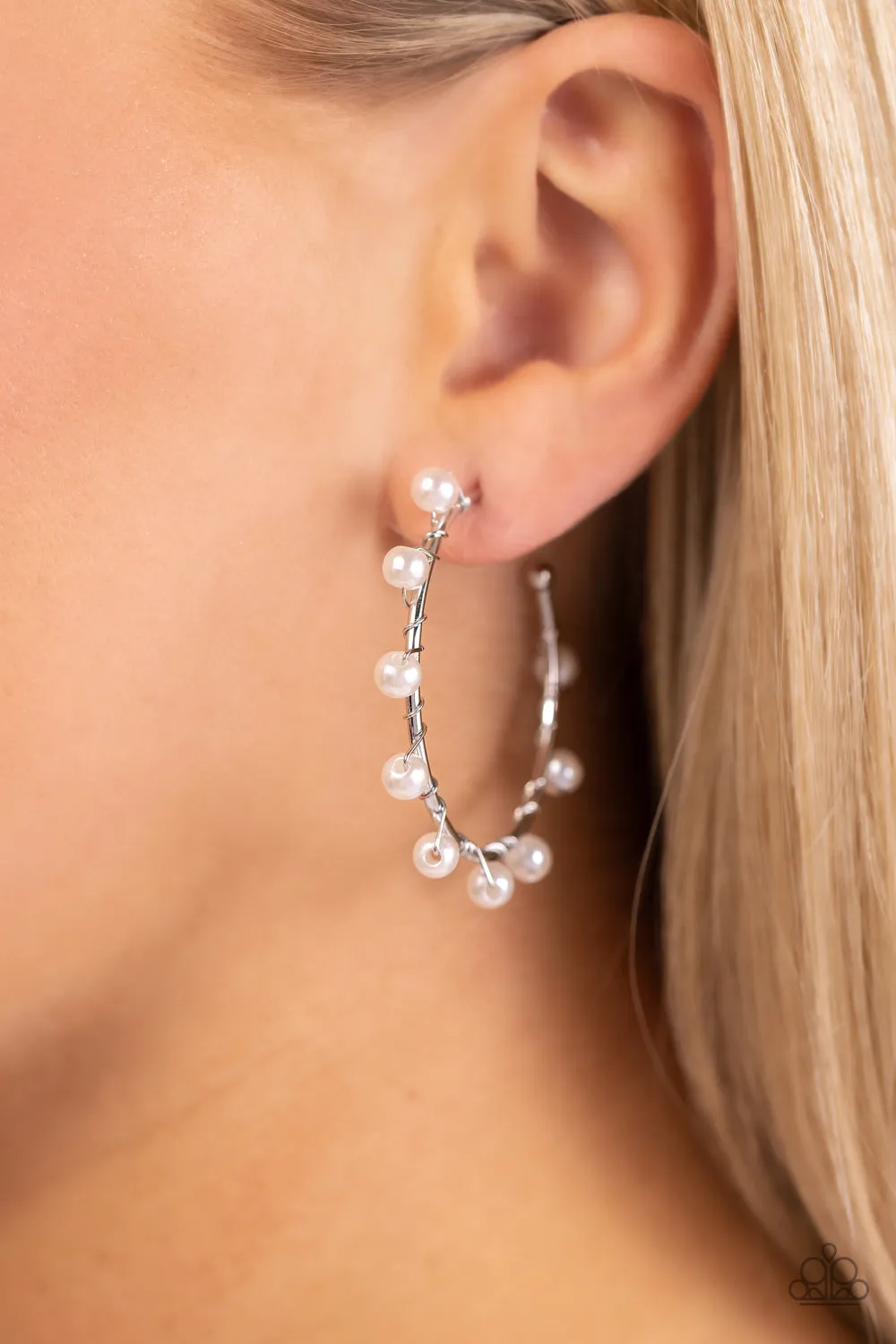 Night at the Gala - White - Pearl Paparazzi Hoop Earrings
