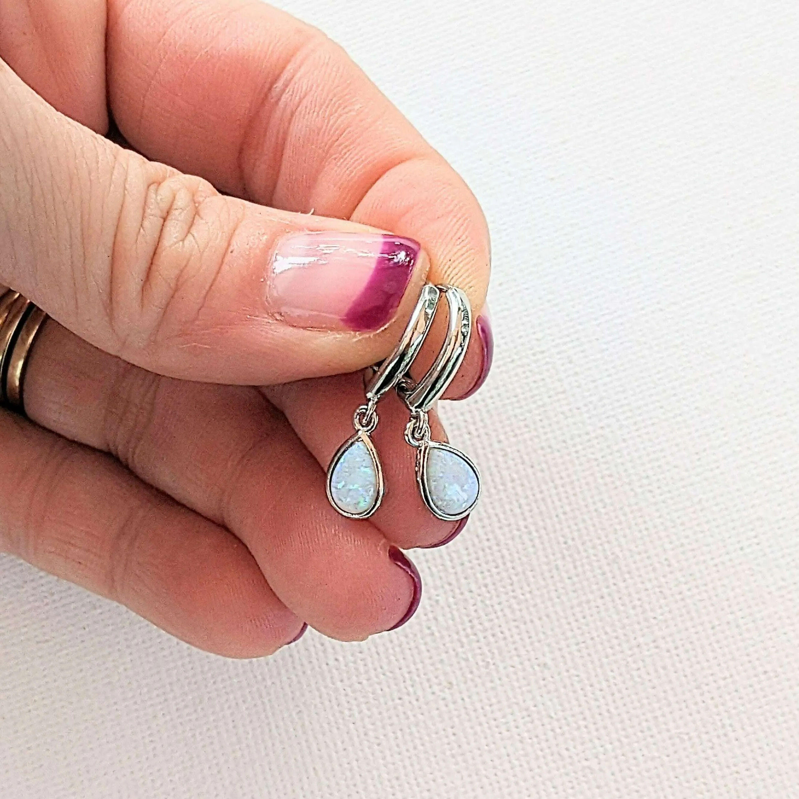 Opal Huggie Hoop earrings, 15mm Hoop Drop, Silver/Gold