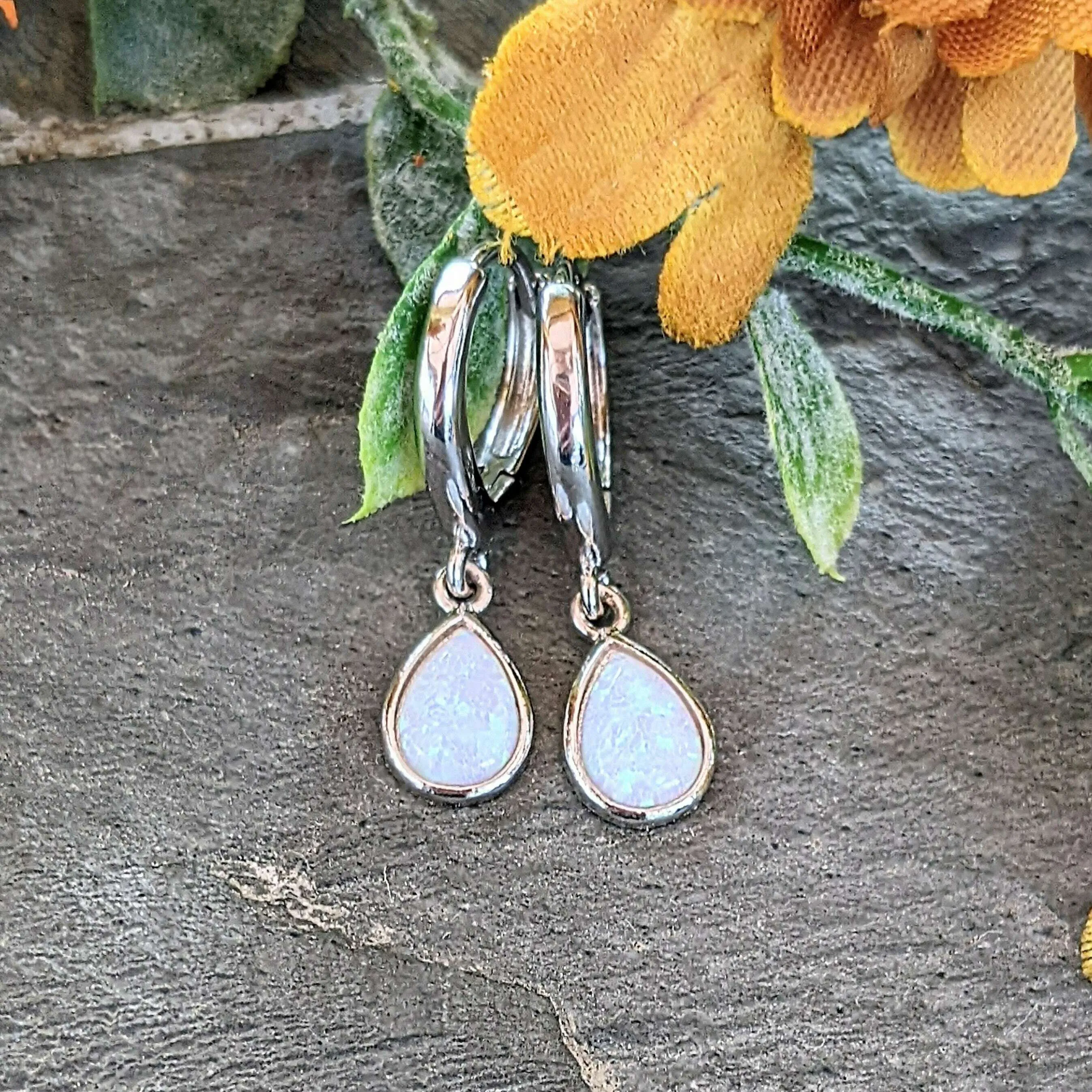 Opal Huggie Hoop earrings, 15mm Hoop Drop, Silver/Gold