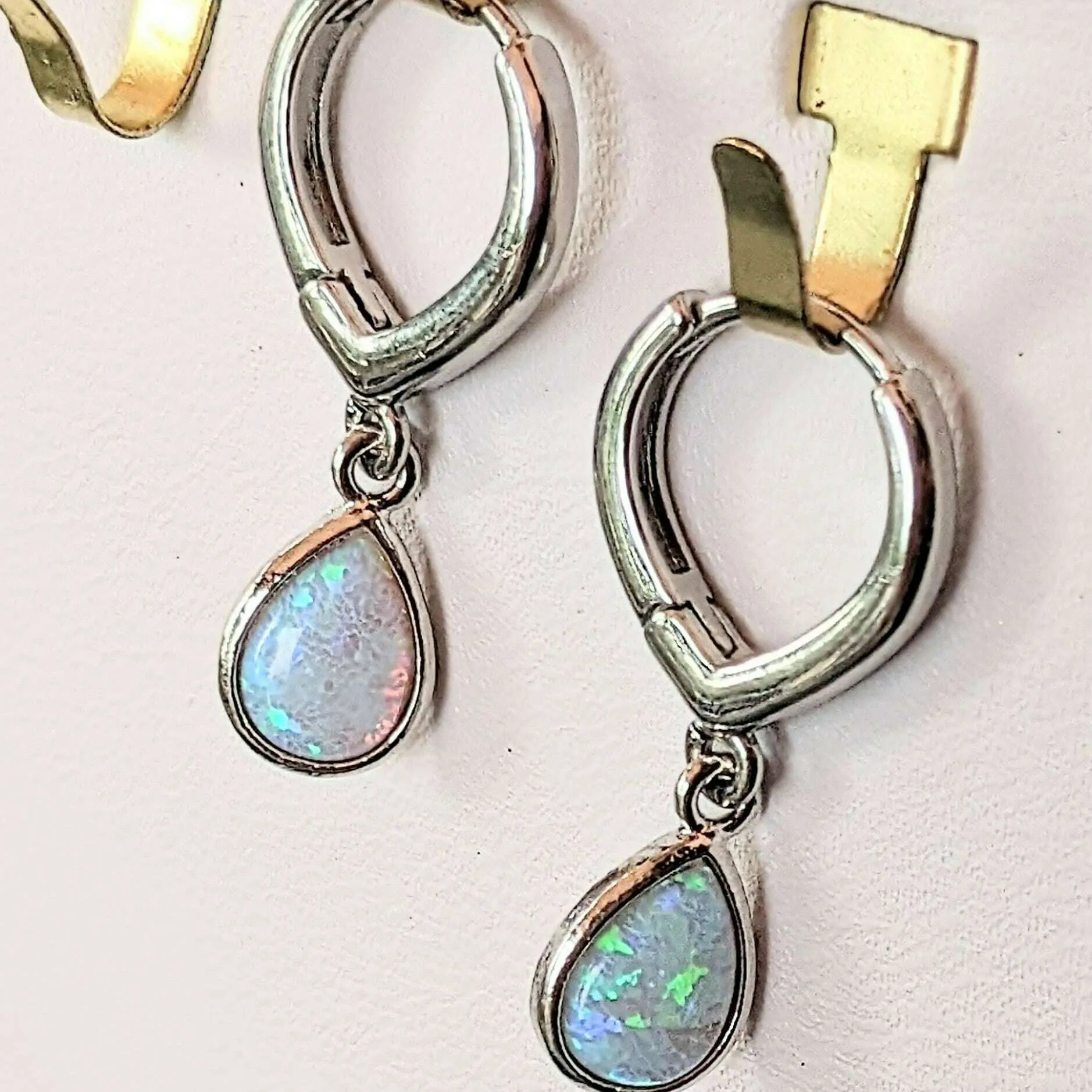 Opal Huggie Hoop earrings, 15mm Hoop Drop, Silver/Gold