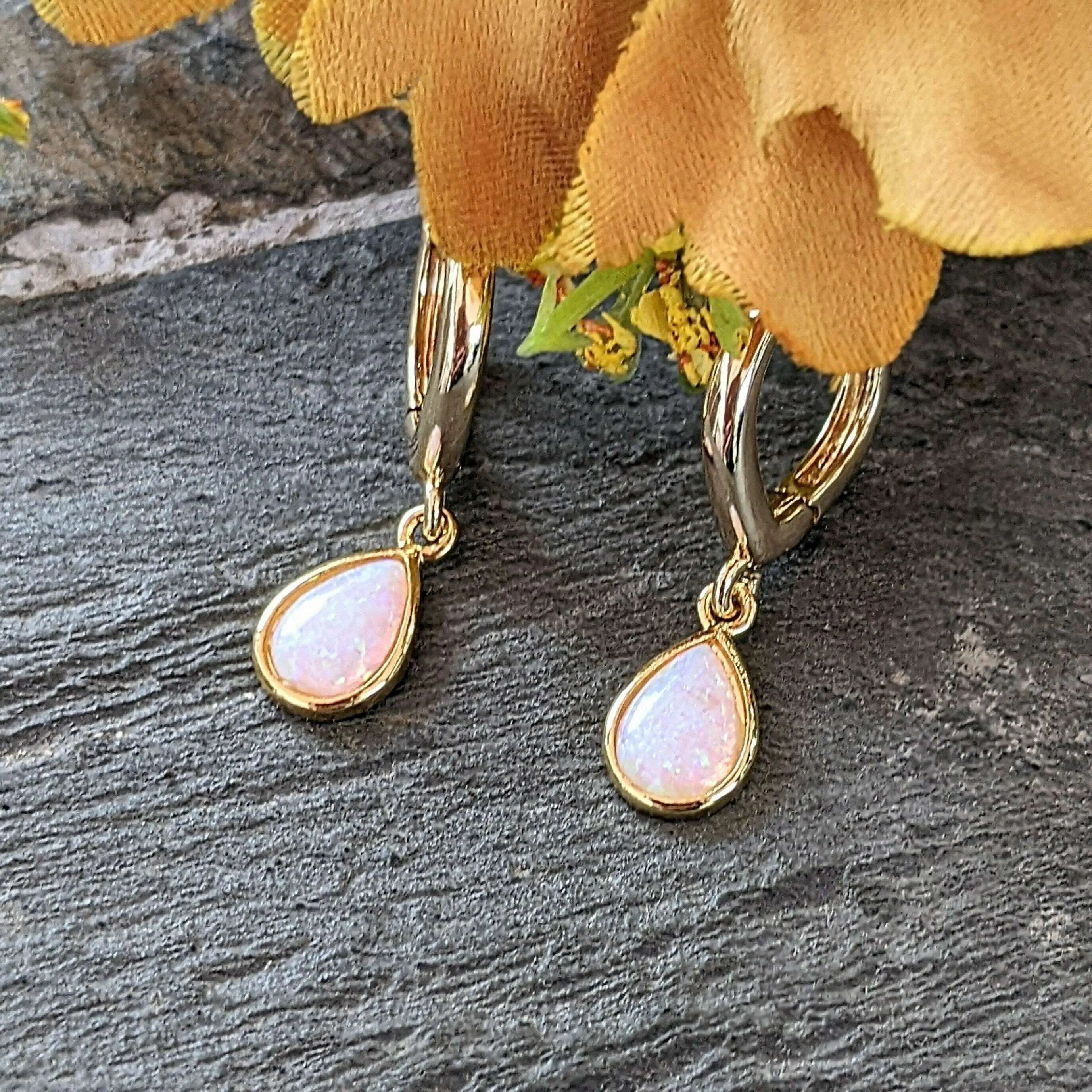 Opal Huggie Hoop earrings, 15mm Hoop Drop, Silver/Gold