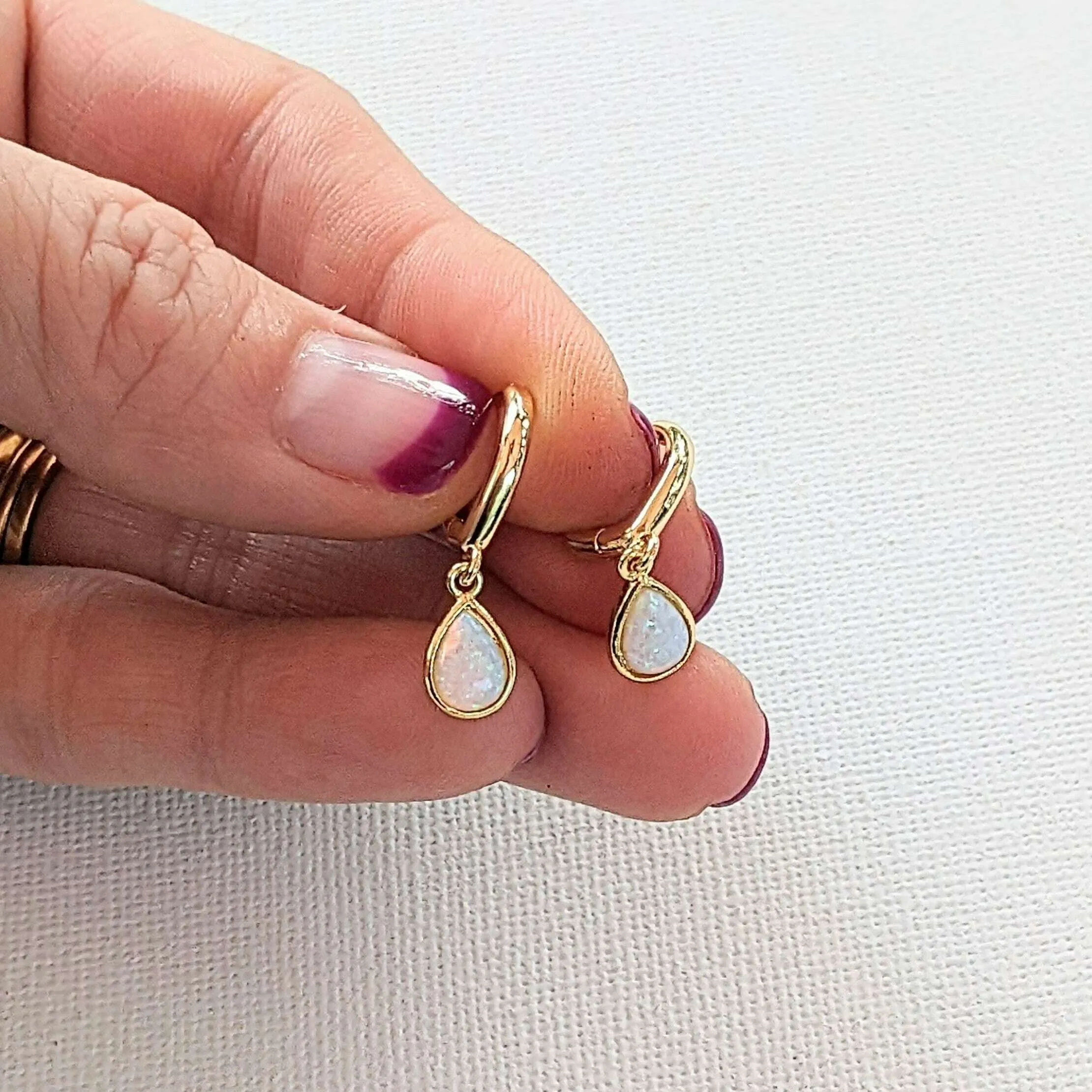 Opal Huggie Hoop earrings, 15mm Hoop Drop, Silver/Gold