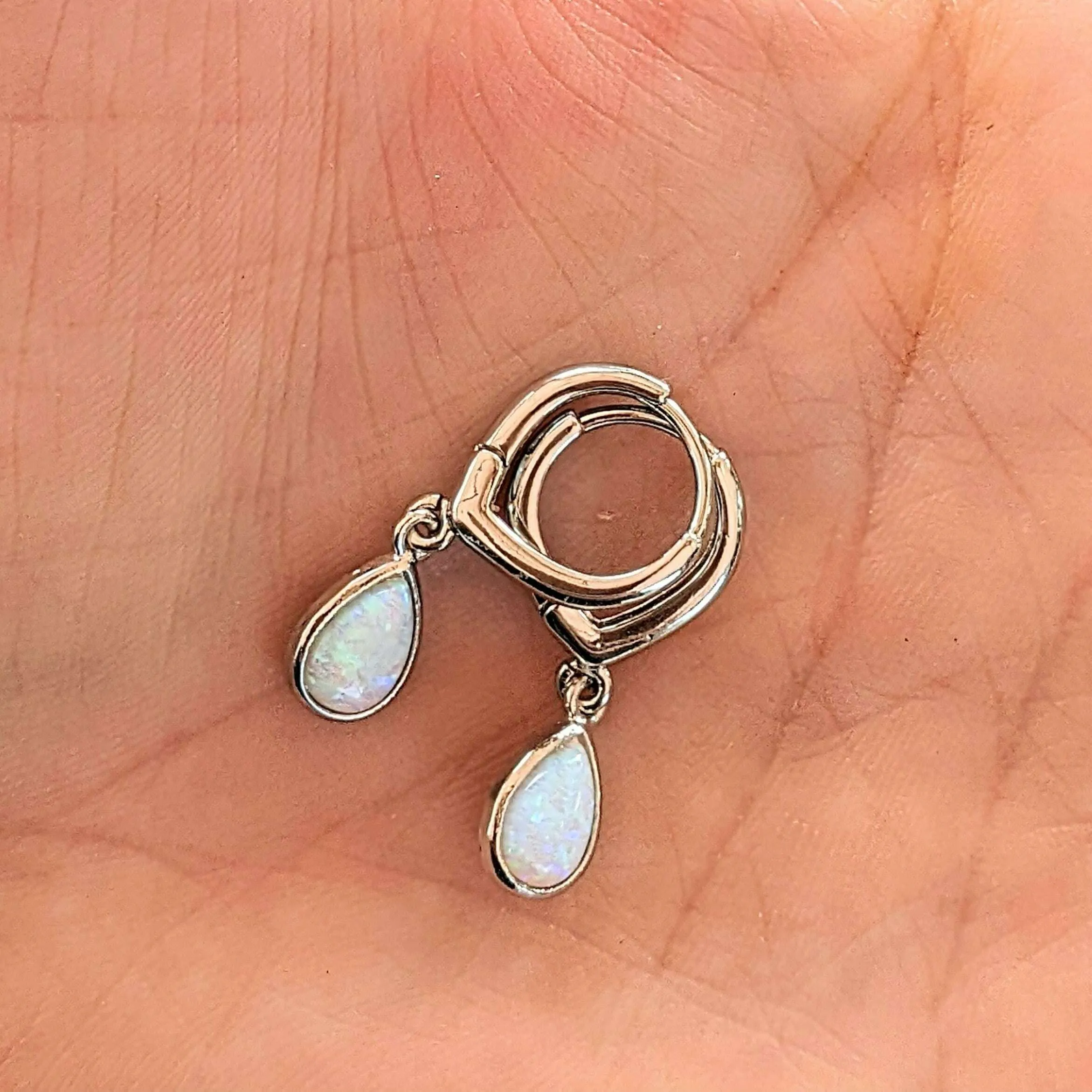 Opal Huggie Hoop earrings, 15mm Hoop Drop, Silver/Gold