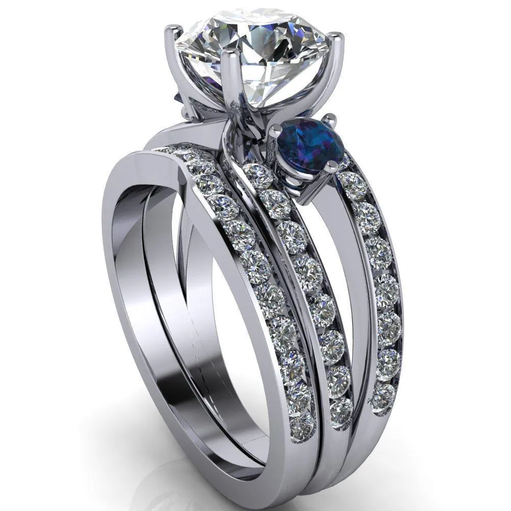 Orion Round Center Stone 2 Round Alexandrite Sides Split Shank Diamond Channel Set Ring